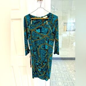 Michael Kors Teal Chain-Print Long Sleeve Dress